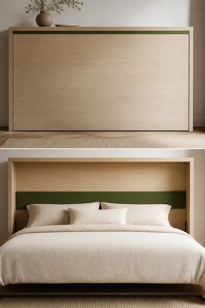 The closed bed front has a thin green velvet ribbon trim along the top edge. When the bed is down, the headboard has a green velvet band. The duvet is cream with a subtle texture.