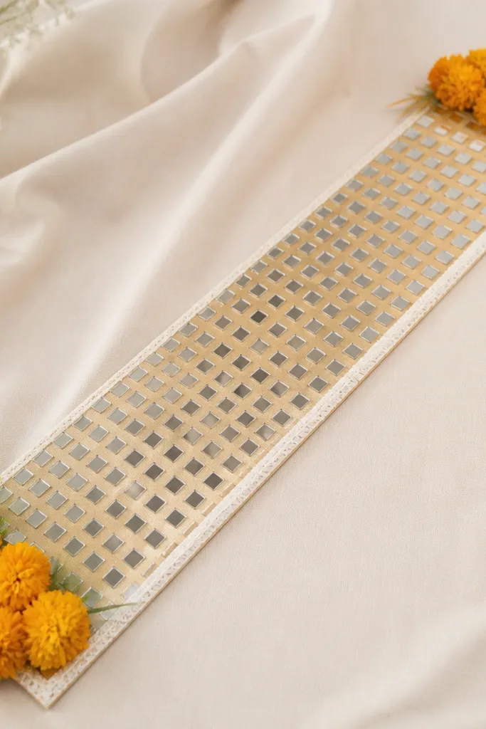 A long swag of small square mirror tiles attached to a pale gold foam board, with clusters of marigold-yellow artificial flowers at both ends and a clean white fabric border around the edges.