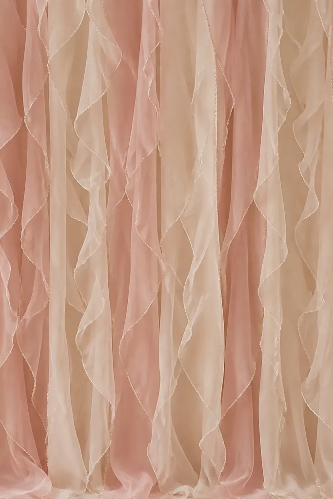 A backdrop made of vertical organza strips in blush and champagne, each strip edged with tiny pearl beads, with soft ruffles that hang in even waves.