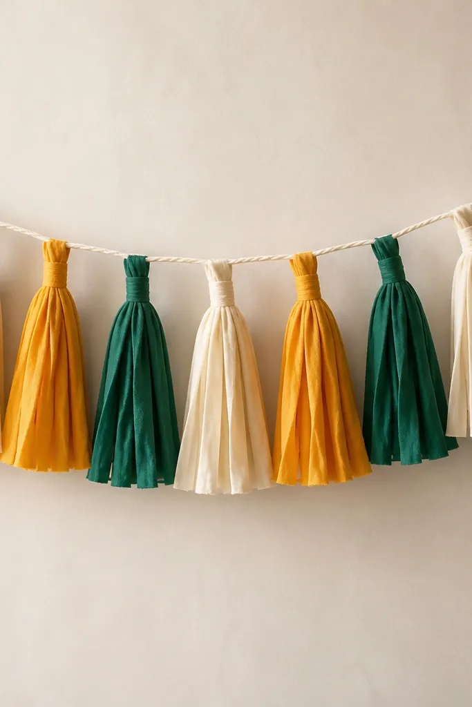 A garland of fabric tassels in three colors (emerald, ivory, and marigold) with neat fabric binding at the tassel tops and a repeating pattern along a cream string.