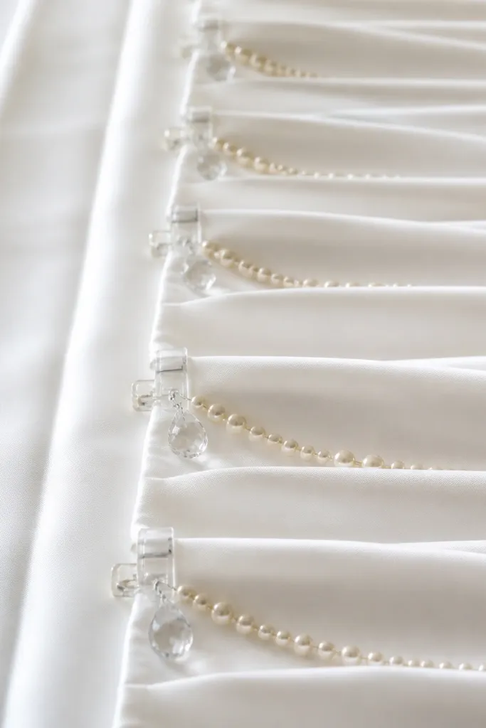 Close-up of clear clips holding pearl strands and small crystal drops on a white satin table runner, arranged in a straight line with uniform spacing.