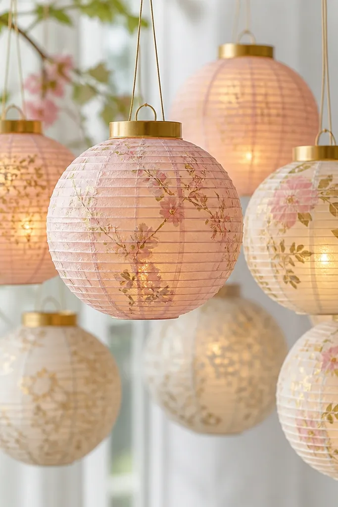 Paper lanterns in soft pink and gold floral prints hanging from strings, each with a small warm light inside and a neat top ring.