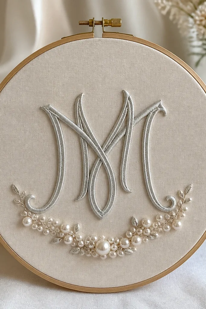 A circular embroidery hoop framed with champagne fabric, inside a stitched monogram in silver thread and small pearl clusters at the base.