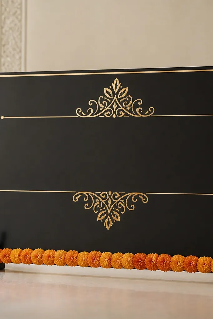 A black acrylic sign with gold foil letters that look stamped, mounted on small stands, with a thin marigold garland along the bottom edge.