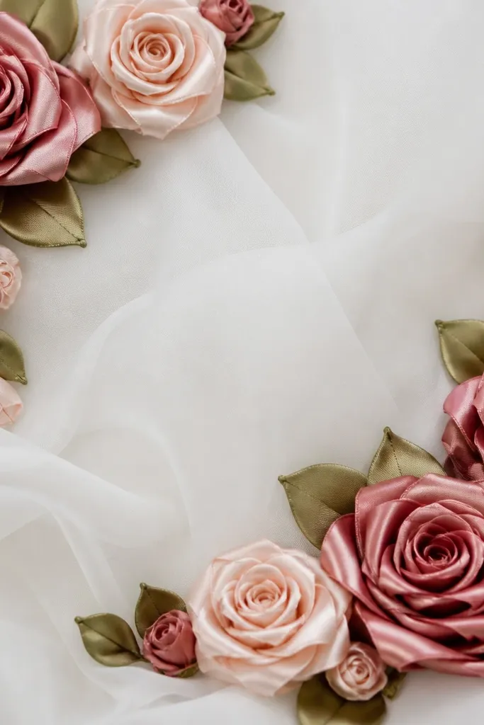 Corner clusters of satin ribbon roses in dusty rose and blush, attached to a white sheer fabric base with small green ribbon leaves.