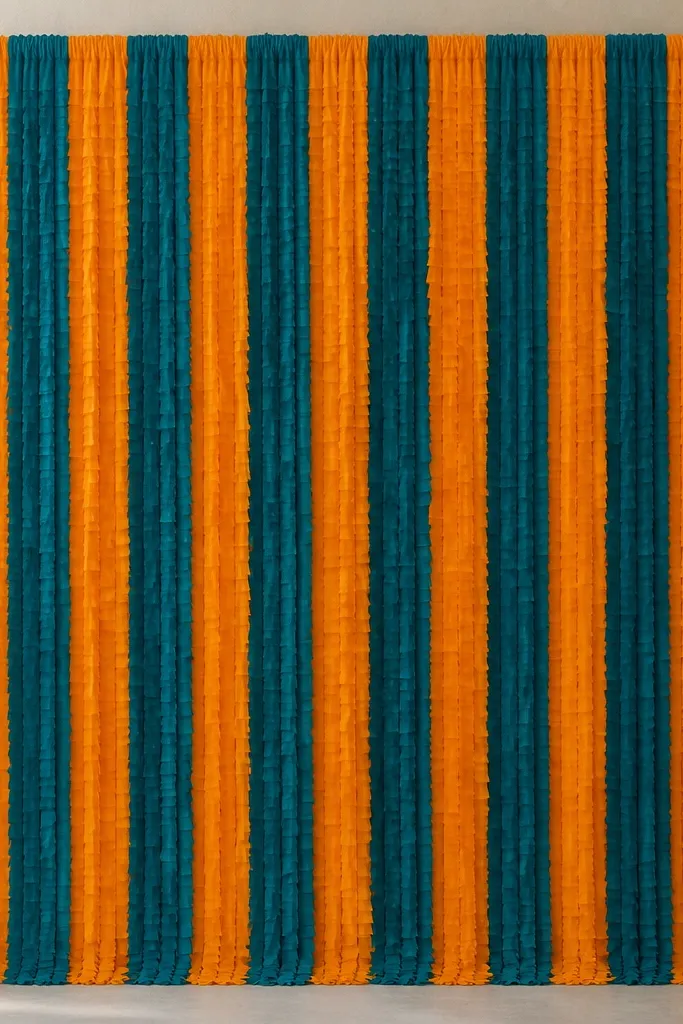 A hanging backdrop panel made of alternating marigold and teal fringe ribbons, with a top rod pocket and clean straight edges.