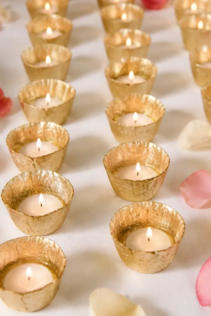 Small gold leaf paper cups holding clear tealights, arranged in a grid on a white tablecloth with a few rose petals scattered.