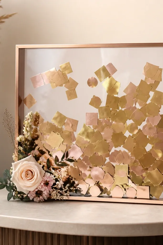 A square frame on a table filled with geometric foil confetti in gold and rose gold, with a clear acrylic front and a small floral arrangement in one corner.