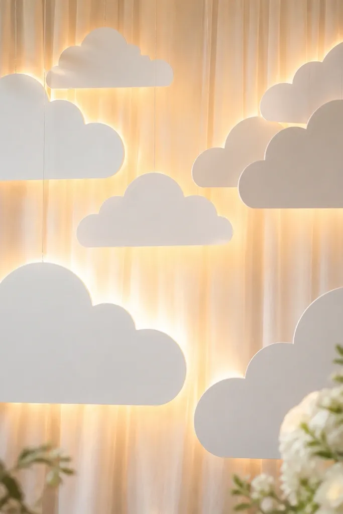 Soft white cardstock cloud shapes hanging on a stage backdrop, with warm backlighting behind them creating a glowing outline.
