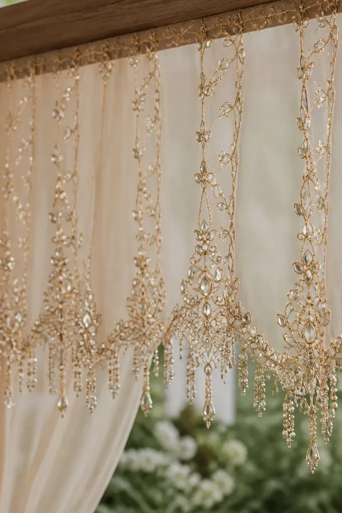 A panel of organza fabric with bead fringe in a kundan-inspired pattern, attached to a wooden strip and draped like a mandap side.
