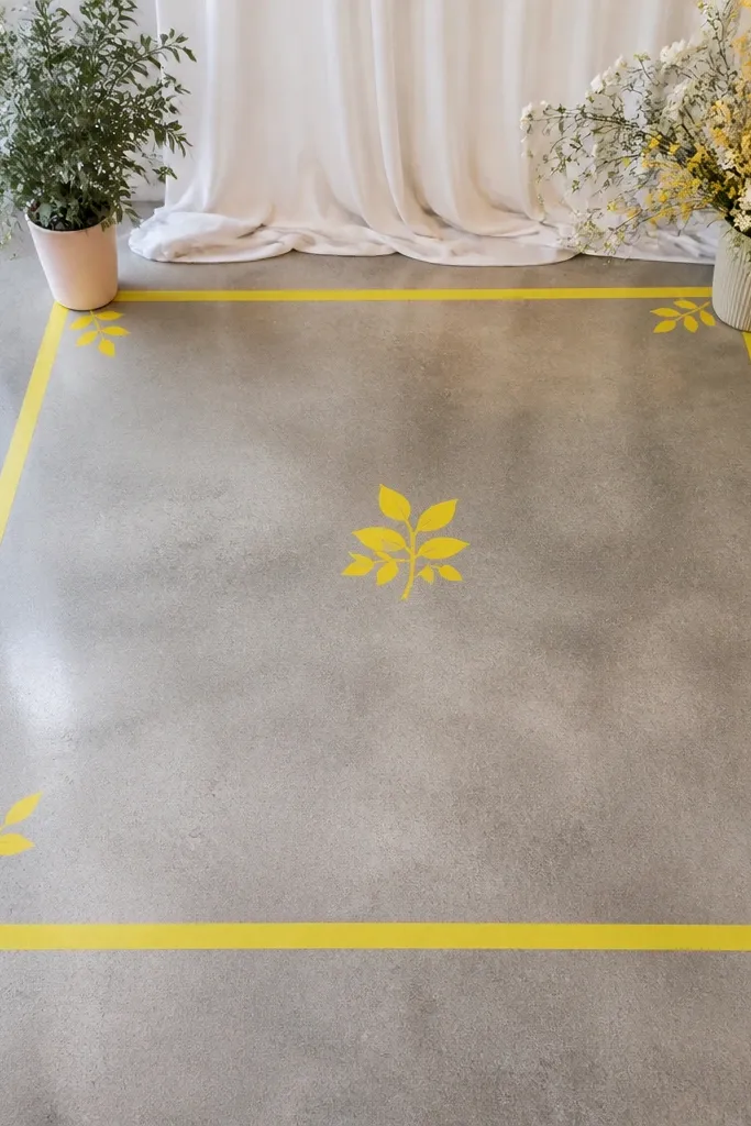 A floor photo booth area marked with bright yellow washi tape borders and small painted leaf motifs, with a simple sign in the center.