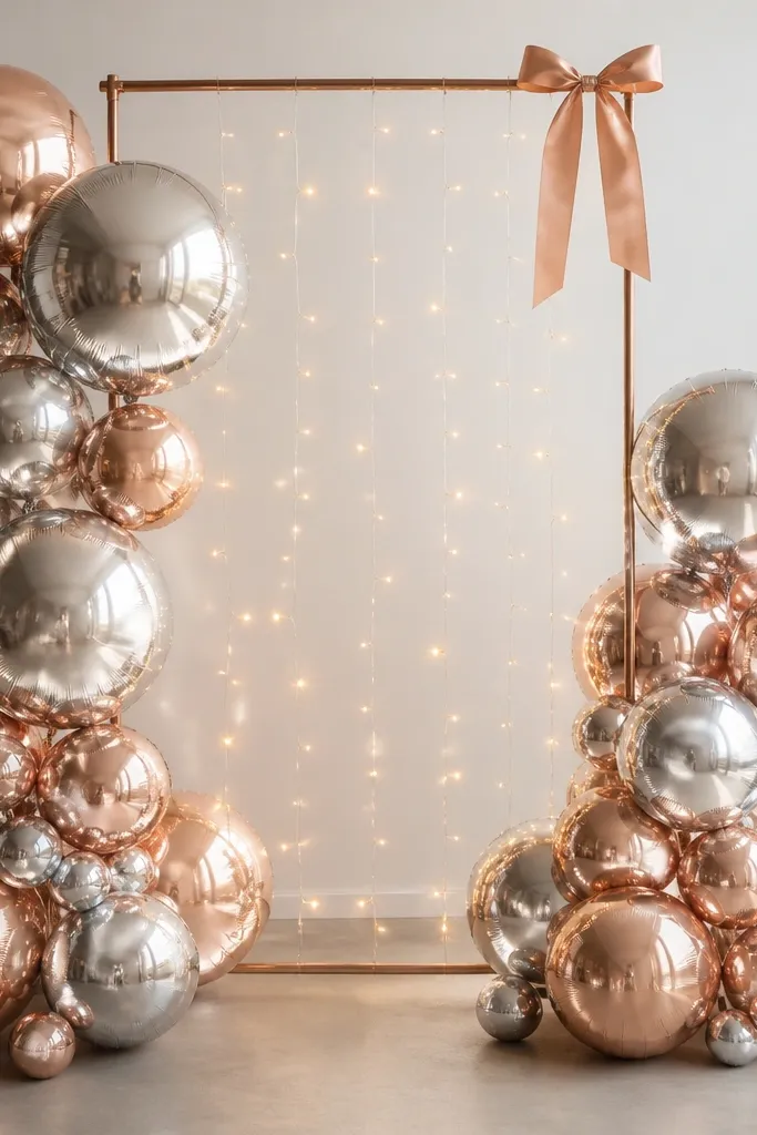 Foil balloon clusters in silver and rose gold attached to a simple rectangular frame, with tiny string lights inside and a clean ribbon bow at the top.