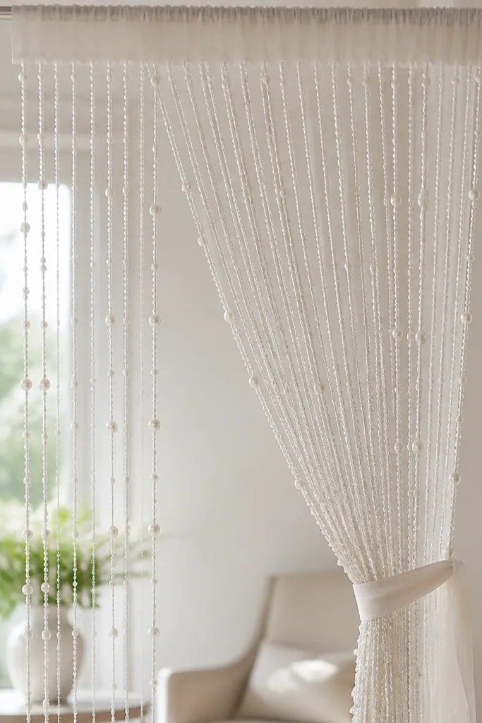 A hanging curtain made of vertical strings of pearls and clear beads, evenly spaced, with a sheer top rod pocket and a simple tie-back on the side.