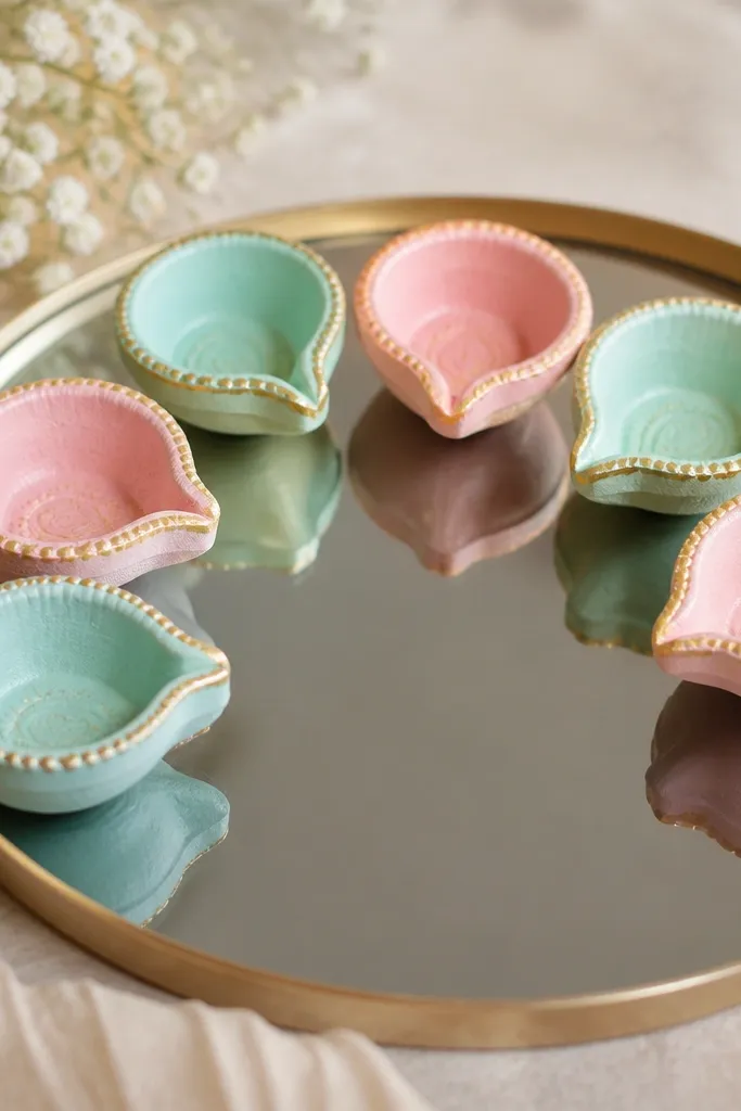 Small terracotta diyas painted in pastel teal and blush with fine gold edge lining, arranged in a semicircle on a mirror tray.