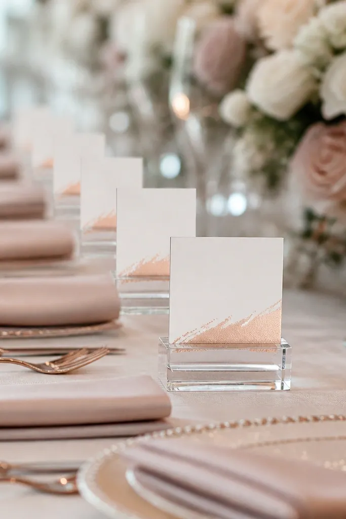 Clear acrylic place card holders with rose gold foil name cards, arranged in a neat row on a wedding table with folded napkins.