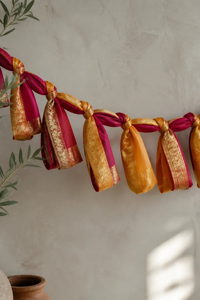 A fabric garland made from sari border strips, hanging in knotted loops with alternating gold woven edges and solid silk panels.