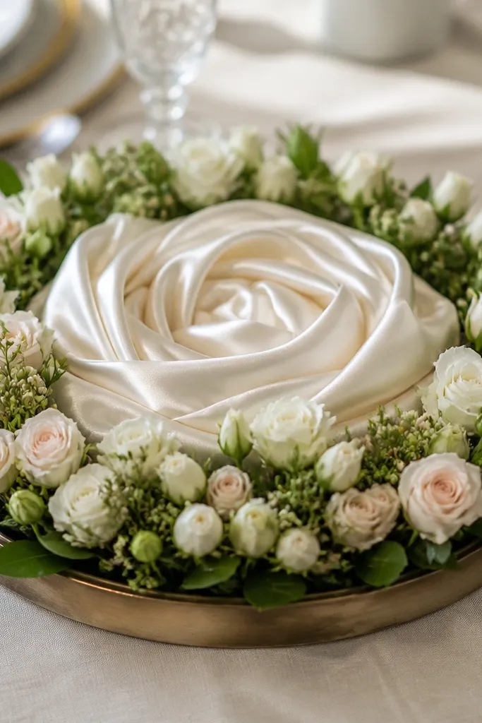 A low tray centerpiece with a satin rosette base, surrounded by small bud flowers and green leaves, all arranged in a tight circular layout.
