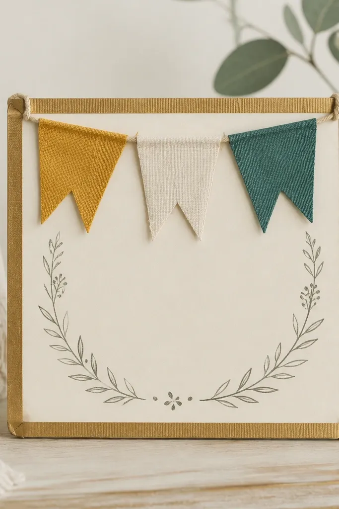 A small signboard with a gold taped border, topped with three fabric pennant flags in mustard, ivory, and teal, with hand-lettered text on a cream board.