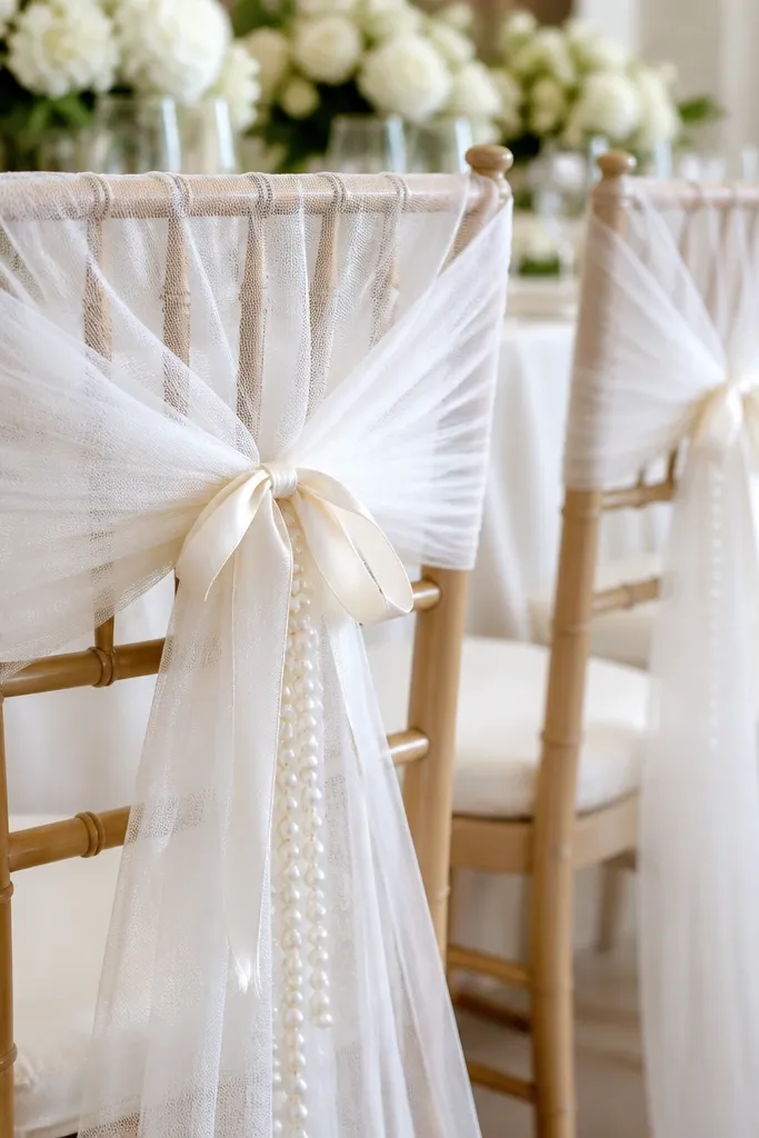 Chair backs wrapped with white tulle bows and pearl strands hanging down, with a satin ribbon tie at the center.