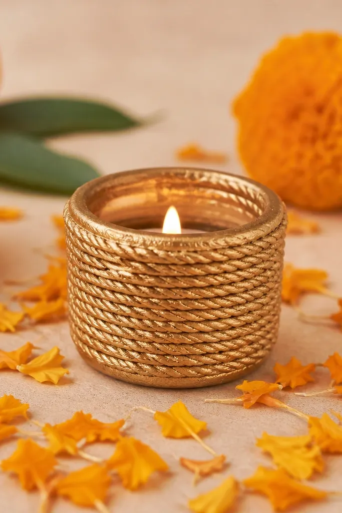 A short candle holder wrapped in jute rope and finished with antique gold paint, placed on a table among marigold petals.
