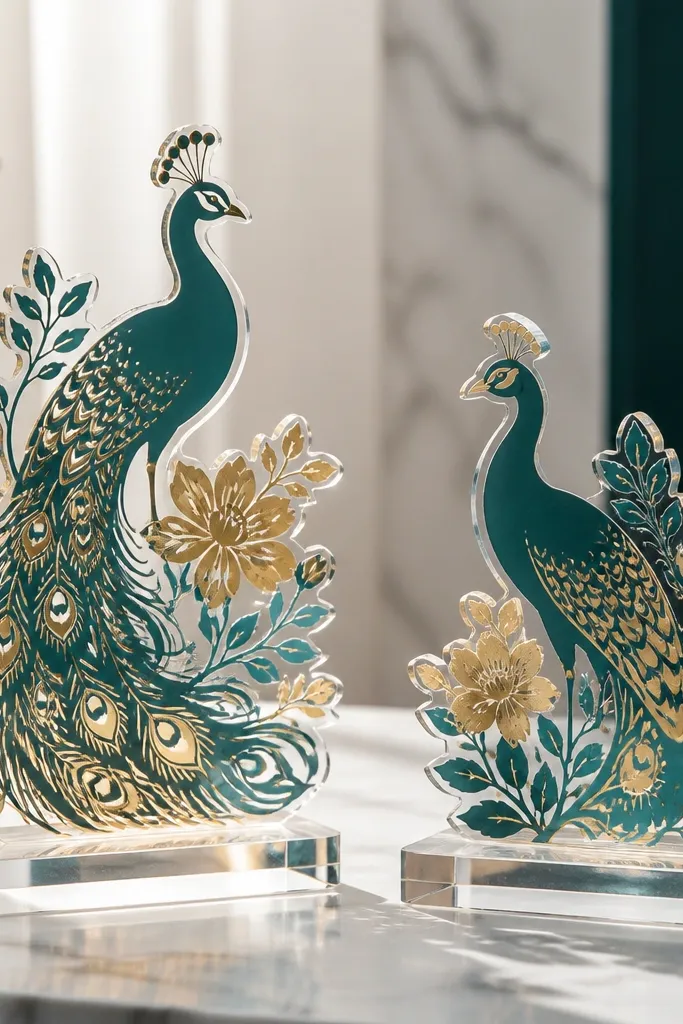 Transparent acrylic standees on small bases with vinyl-cut silhouettes of peacocks and florals, in matching teal and gold tones.