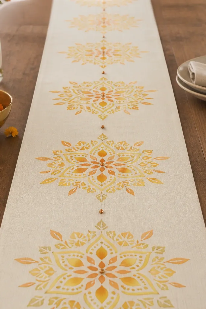 A cream fabric table runner with a rangoli-style stencil pattern in soft yellow and warm orange, plus a few tiny bead accents along the center line.