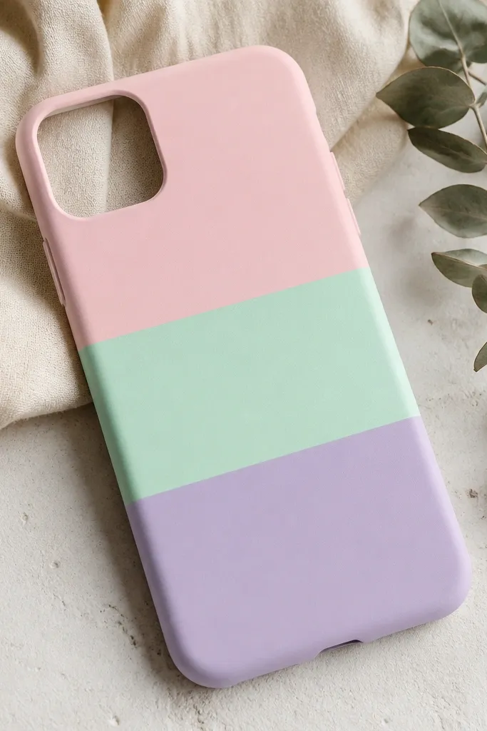 A phone case painted in three wide pastel stripes (powder pink, mint, and pale lavender) with crisp tape-sharp edges. The surface looks matte, and the stripes stop cleanly around the camera cutout.