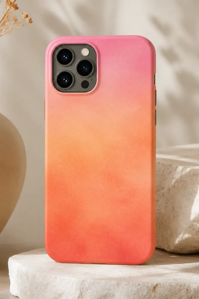 A phone case with a smooth sunset gradient from coral at the bottom to peach in the middle and soft pink at the top. The texture shows subtle sponge-dab dots, like a gentle glow behind the colors.