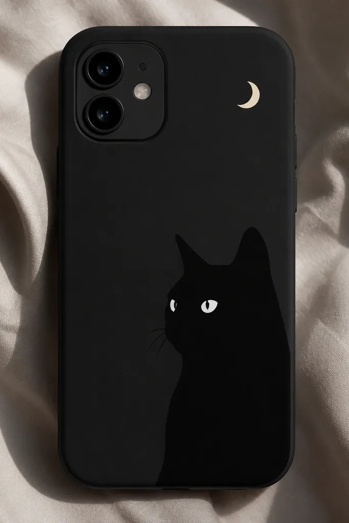 A mostly black phone case with a crisp black cat silhouette on one side. The cat has bright white eyes that look like tiny stickers, and there's a small crescent moon in the top corner.