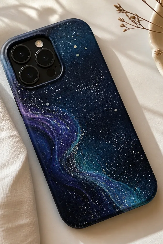A deep navy phone case with swirling streaks of purple and teal. There are small silver and white splatters like stars, and a few tiny dots grouped near the top.