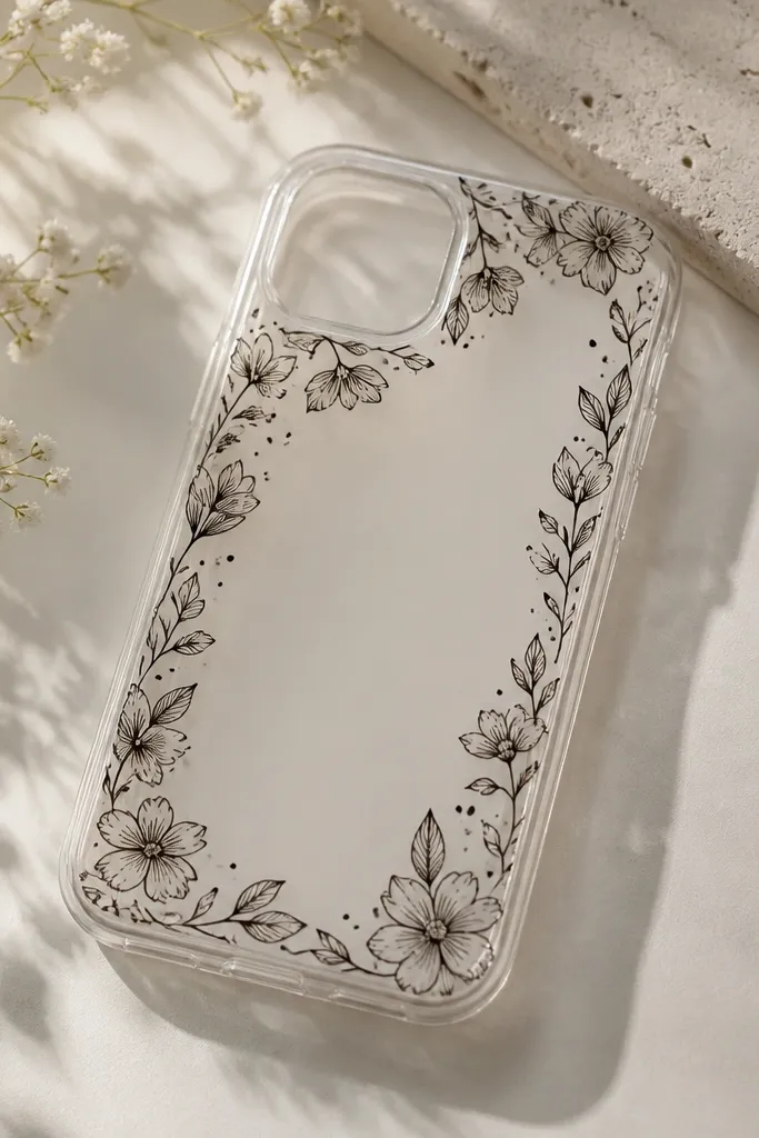 A clear or light-colored phone case with a delicate floral border around the edges. Thin black line art flowers and leaves frame the case, with small dots between petals.