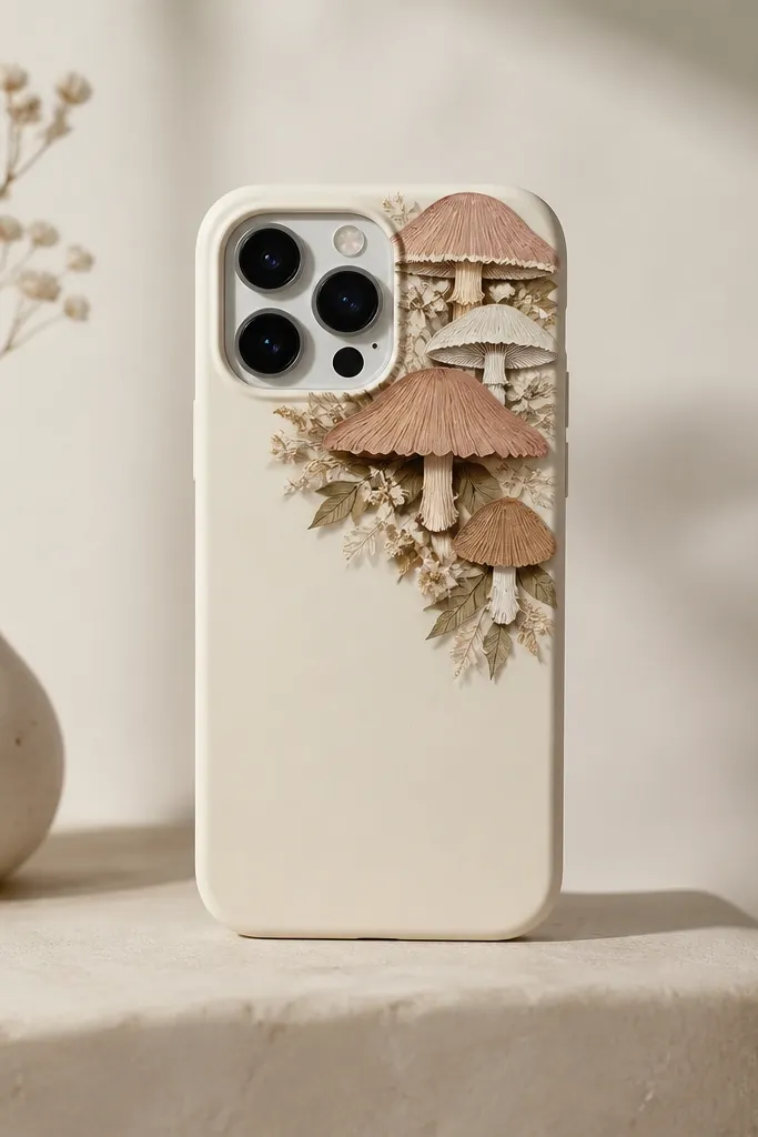 A cream phone case with a mushroom collage on the top corner. The mushroom caps look like layered paper with soft edges, and the background stays matte and smooth.
