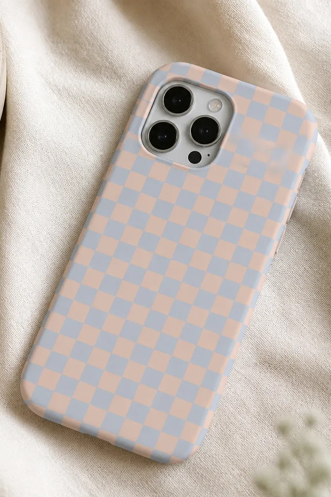 A phone case painted in a checkerboard pattern using two pastels, like pale blue and blush. The squares are small and crisp, and the finish looks slightly satin.