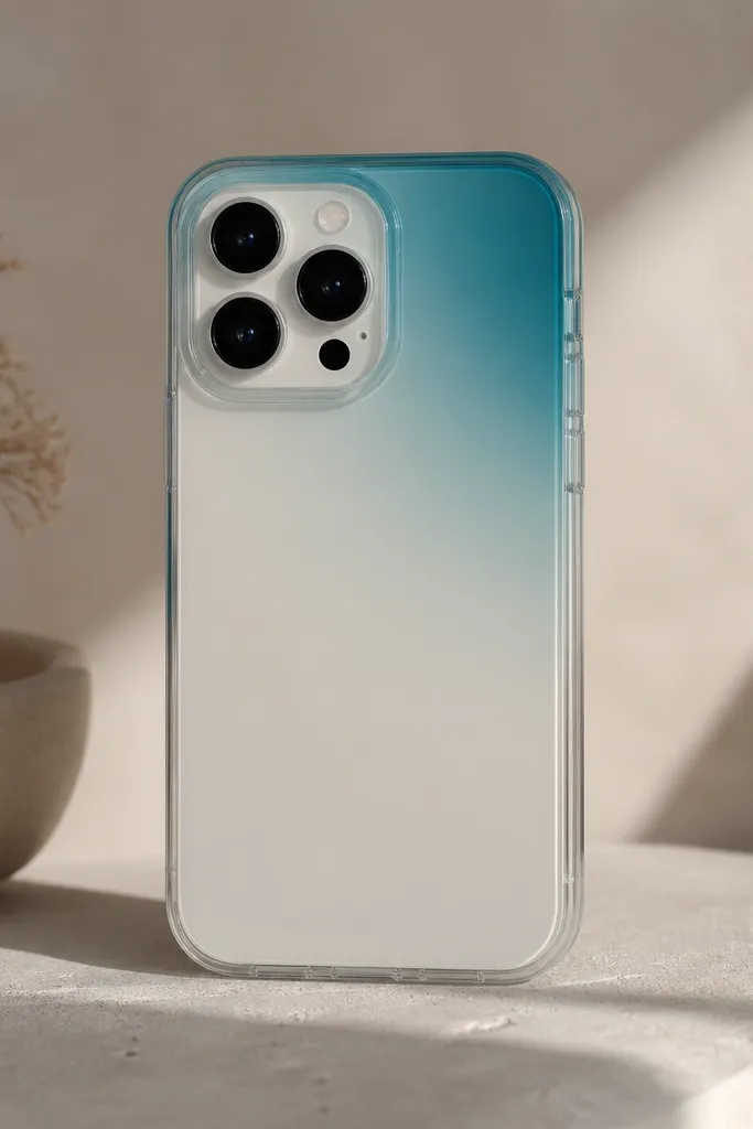 A case with a color ombre concentrated in the top-right corner. The corner fades from deep teal to transparent-like lighter teal, leaving the rest of the case plain.