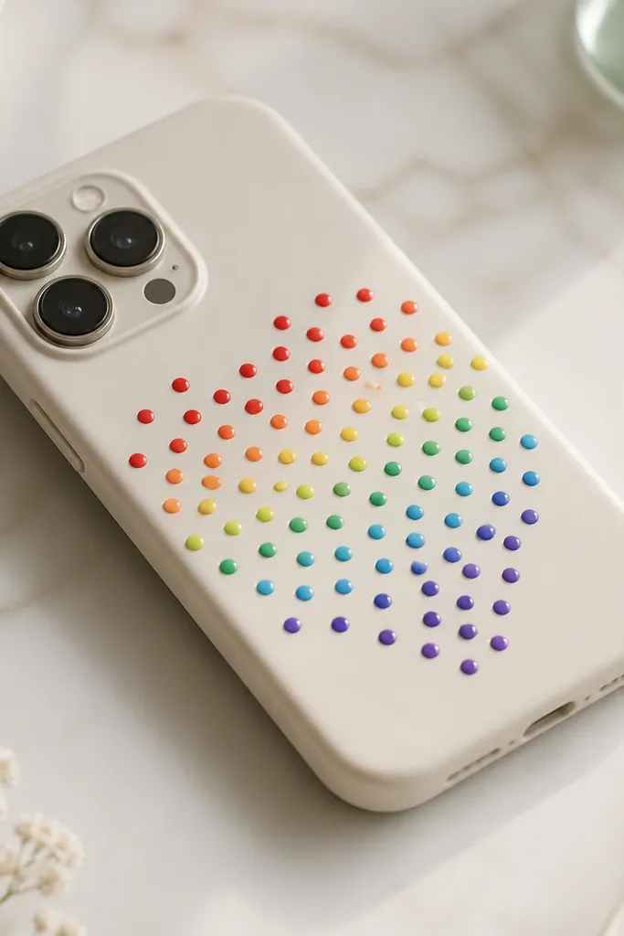 A light case covered with a cluster of dots in rainbow order (red to purple) forming a loose cloud or heart shape. The dots look round and consistent like tiny candies.