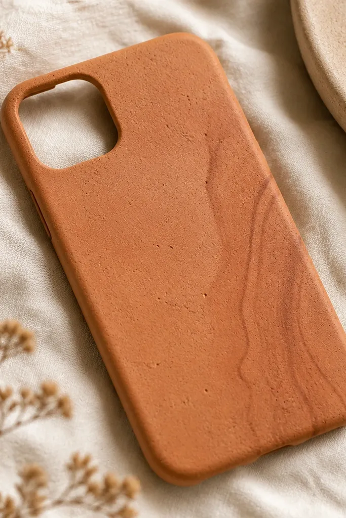 A phone case painted in a warm terracotta tone with a sandy, baked-clay texture. The surface has tiny pores and a matte finish, with a small darker clay swirl on one side.