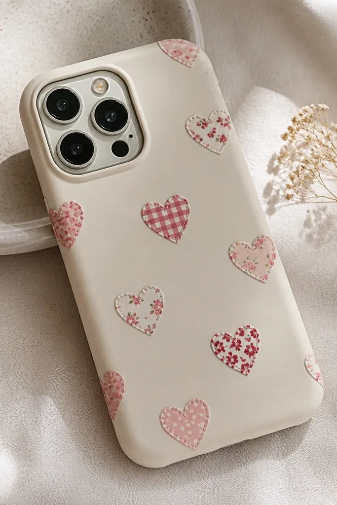 A cream phone case with small heart shapes that look like fabric patches. The edges are slightly softened, and the hearts show tiny printed patterns in pink and red.