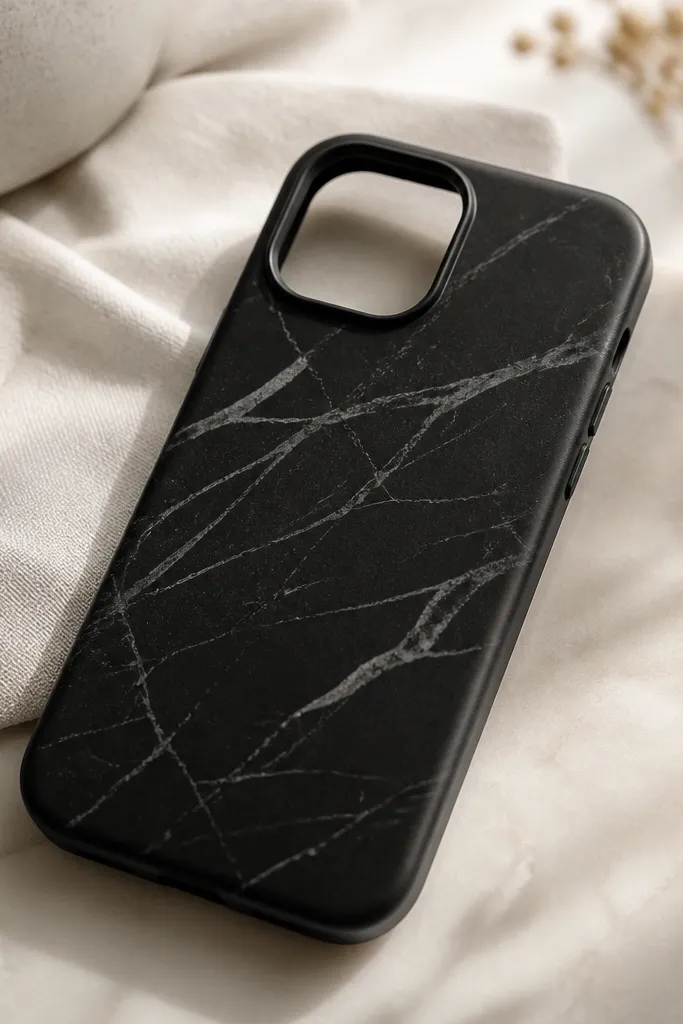A black phone case painted in a subtle marble pattern. There are thin gray and white vein lines swirling across the surface, and the finish looks satin.