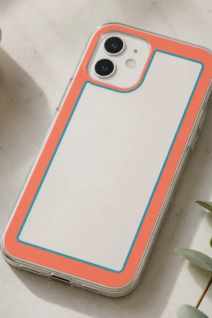 A case with a bold frame design: a thick border in coral and a thin border in teal, with the center left in the case's original color. The edges are clean and geometric.
