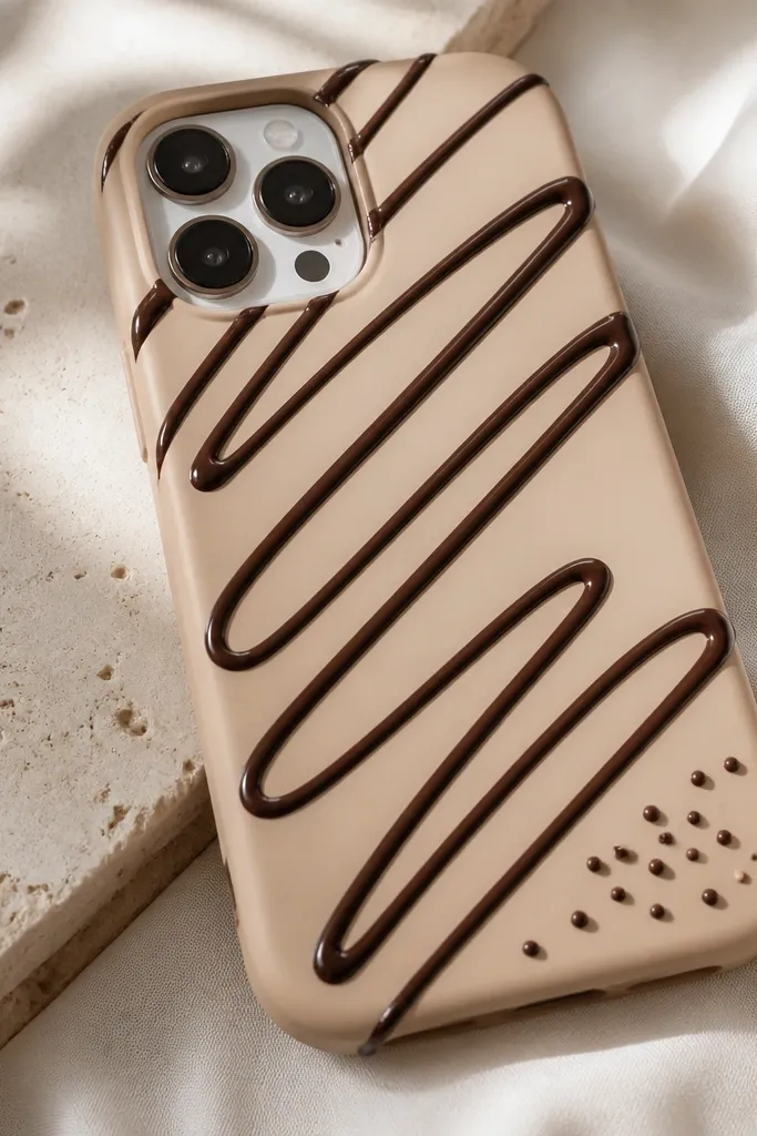 A light beige phone case with a glossy-looking chocolate drizzle pattern. The drizzle lines are dark brown and slightly raised, with a few tiny sprinkle dots near one corner.