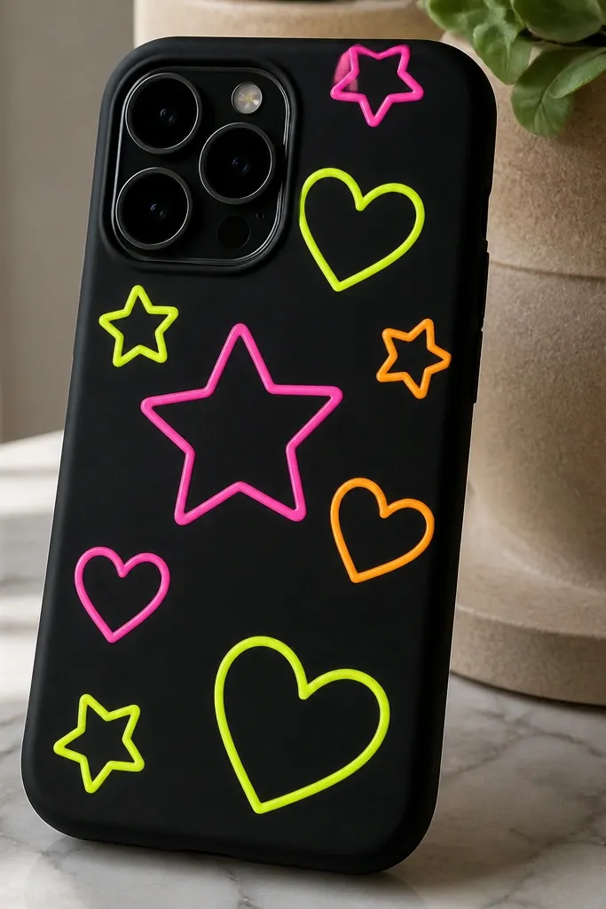 A matte black phone case with neon outlines of simple shapes like stars and hearts. The neon colors look like bright highlighter ink, standing out against the black.