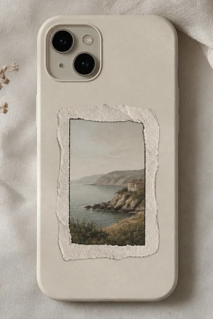 A phone case with a small postcard-style scene inside a torn-paper frame. The colors are muted, and the tear edges look soft and layered, with a thin dark border around the scene.