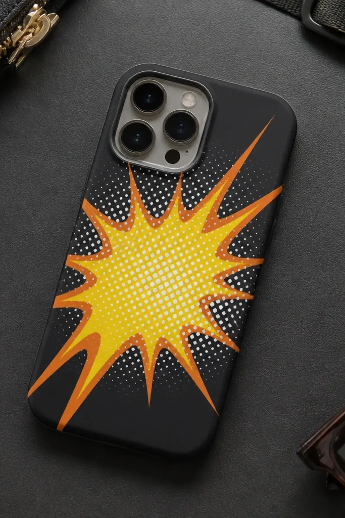 A case with a black or dark base and a comic-style burst shape in bright yellow and orange. Over the burst are white halftone dots like print comic shading.