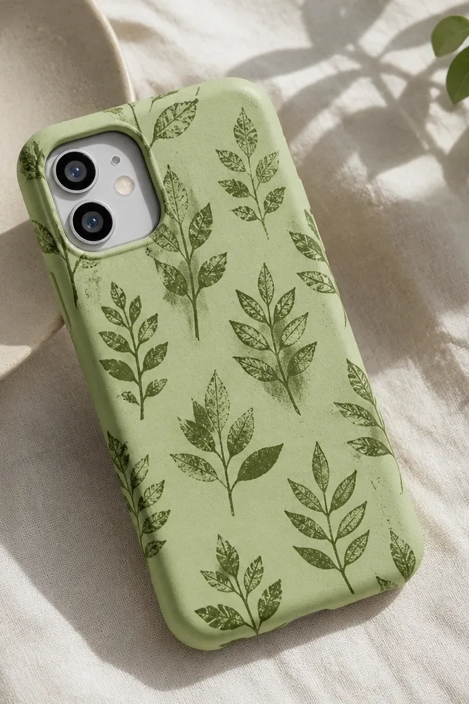 A light green phone case with repeated botanical leaf stamps in darker green. The stamps look like a handmade pattern with slightly varied ink intensity.