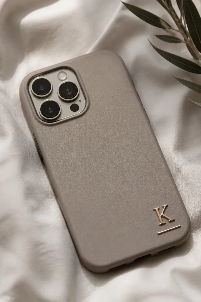 A neutral case with a single metallic monogram letter in the bottom corner. The letter looks shiny, and there's a thin metallic underline beneath it.