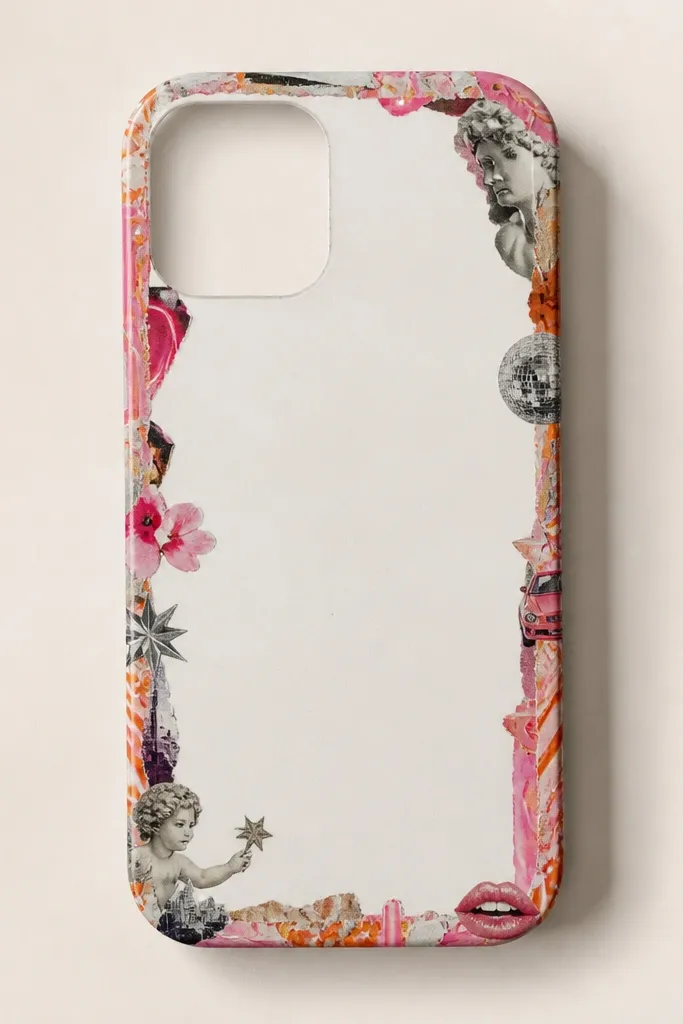 A case with a thin border made from magazine cutouts, like neon letters and tiny images, layered along one edge. The center stays plain, and the border looks like a frame.