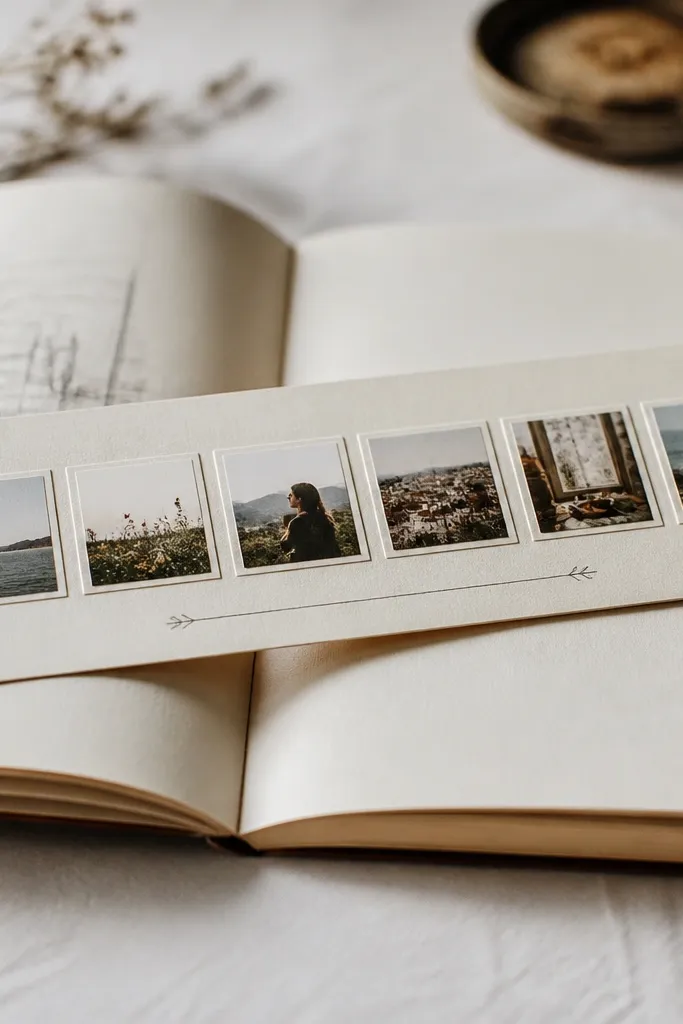 A slim wallet insert made from a piece of sturdy cardboard painted cream, with a horizontal strip of 6 mini photos in small clear sleeves. A stitched-looking faux binding line runs along the side, and a tiny handwritten caption sits under the strip.