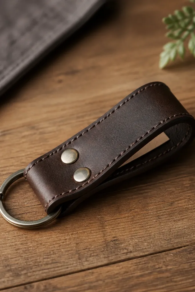 A keychain made from dark brown belt leather, folded into a loop and held with two metal rivets. A small stitched-looking border runs around the edges, and a tiny paper note is visible through a narrow pocket cut into the back.