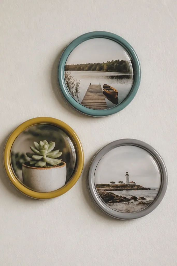 Three round magnets made from repurposed jar lids. Each has a different photo in the center, sealed under a clear glossy layer, with a small ring of paint around the edge in muted teal, mustard, and gray.