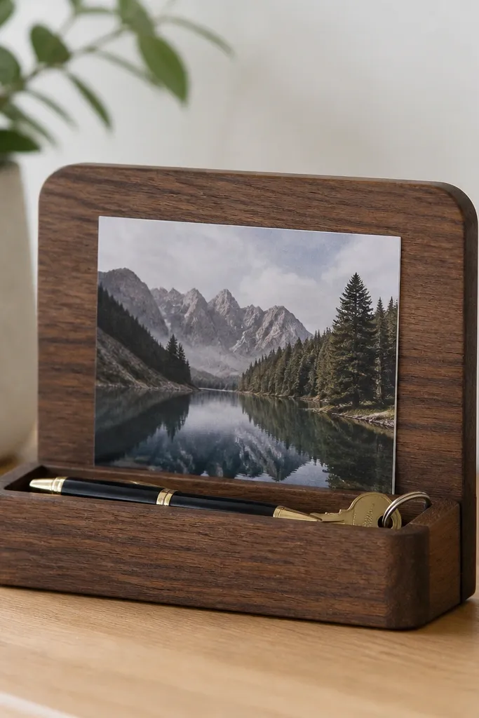 A small rectangular desk tray made from two stained wood pieces. A photo is centered on a front panel, and a thin lip holds pens and a key. The wood grain shows through, and the corners are rounded.